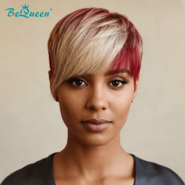 BeQueen Wig PIXIE WIGS Bequeen Red Mixed Blonde Side Natrual Style Glueless Pixie Wig