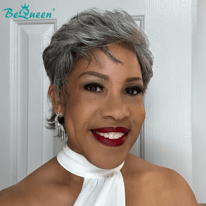 BeQueen Wig No Lace Wig Bequeen Salt and Pepper Pixie Cut  Human Hair Wig