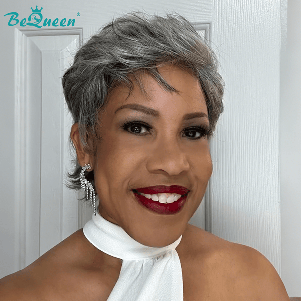 BeQueen Wig No Lace Wig Bequeen Salt and Pepper Pixie Cut  Human Hair Wig