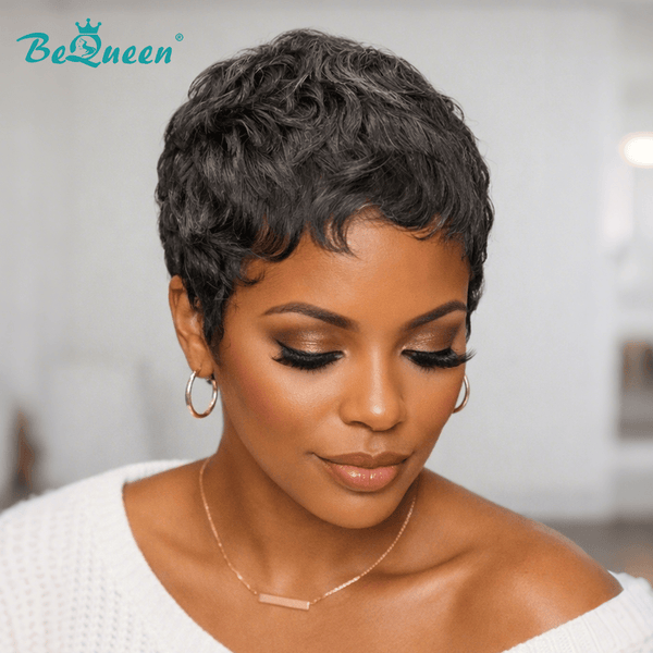 BeQueen Wig Luxurious Customized Wigs Bequeen Salt n Pepper Wavy Pixie Wig