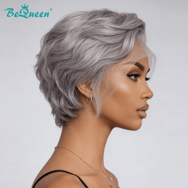 BeQueen Wig Luxurious Customized Wigs Bequeen Salt&Pepper Natural Wave Short Cut Frontal Lace Wig