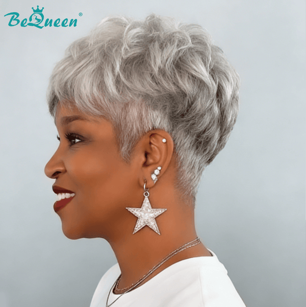 BeQueen Wig Luxurious Customized Wigs Bequeen Salt&Pepper Natural Wave Short Cut Pixie Wig