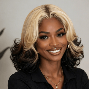 BeQueen Wig Bequeen Sexy Style Black Mixed Yellow Frontal Lace Big Wave Bob Wig