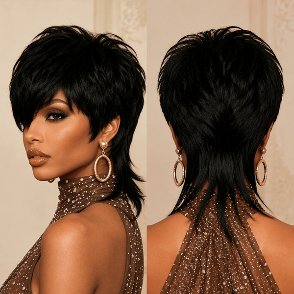 BeQueen Wig Mullet Wig Bequeen Short 1B Mullet Glueless Wig With Bangs