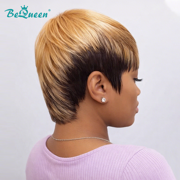 BeQueen Wig Mullet Wig Bequeen Short 1B Root Mixed Bronze Mullet Glueless Wig With Bangs