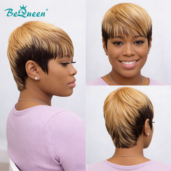 BeQueen Wig Mullet Wig Bequeen Short 1B Root Mixed Bronze Mullet Glueless Wig With Bangs