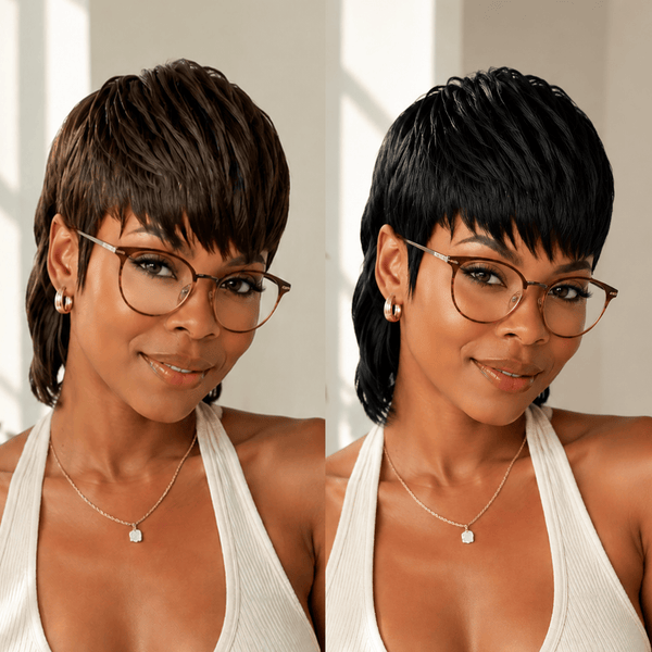 BeQueen Wig Mullet Wig Bequeen Short Brown Mullet Glueless Wig With Bangs