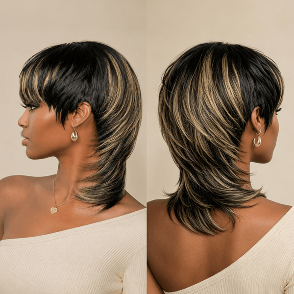 BeQueen Wig Mullet Wig Bequeen Short Mixed Blonde Glueless With Bangs Mullet Full Cap Wig