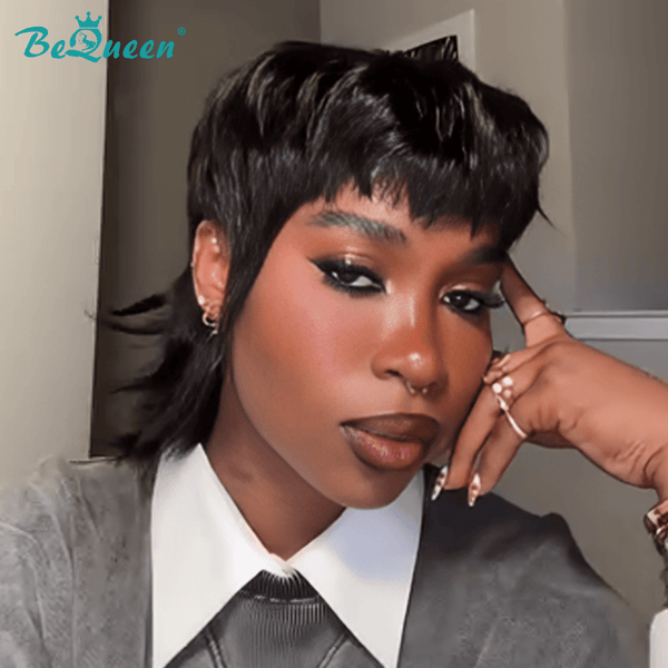 BeQueen Wig Mullet Wig Bequeen Short Mullet Glueless Bang Wig