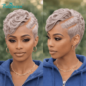 BeQueen Wig PIXIE WIGS Bequeen Side Part Grey Curl Pixie Wig