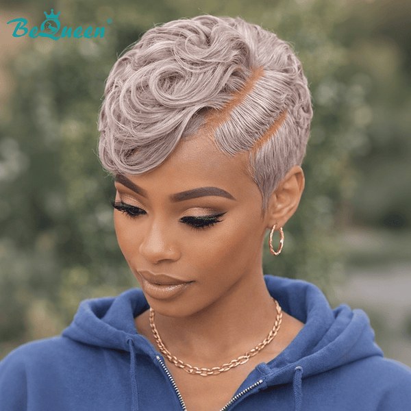 BeQueen Wig PIXIE WIGS Bequeen Side Part Grey Curl Pixie Wig