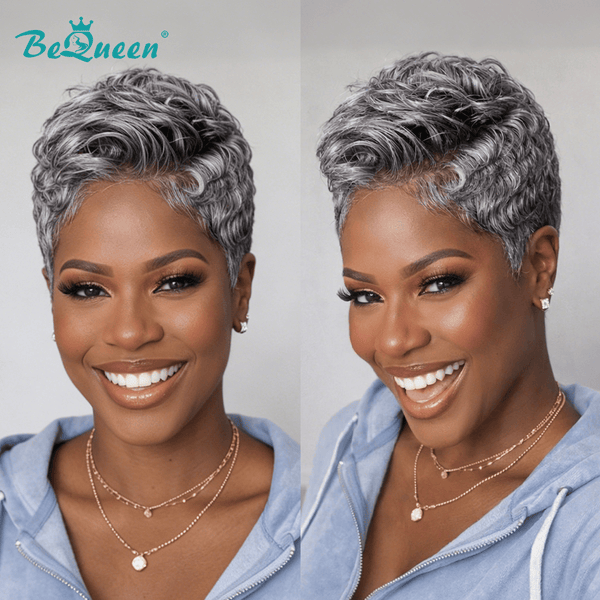 BeQueen Wig PIXIE WIGS Bequeen Silver Chic Twist 13x4 Frontal Lace Slat And Pepper Pixie Wig