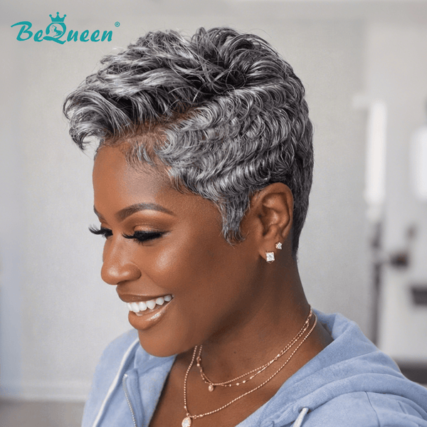 BeQueen Wig PIXIE WIGS Bequeen Silver Chic Twist 13x4 Frontal Lace Slat And Pepper Pixie Wig