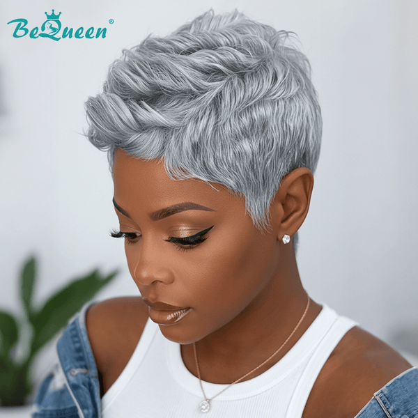 BeQueen Wig Luxurious Customized Wigs Bequeen Silver Gray Natural Wave Short Cut Pixie Wig