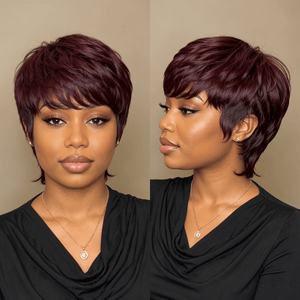 BeQueen Wig PIXIE WIGS Bequeen Straight Natural Style Dark Purple No Lace Human Hair
