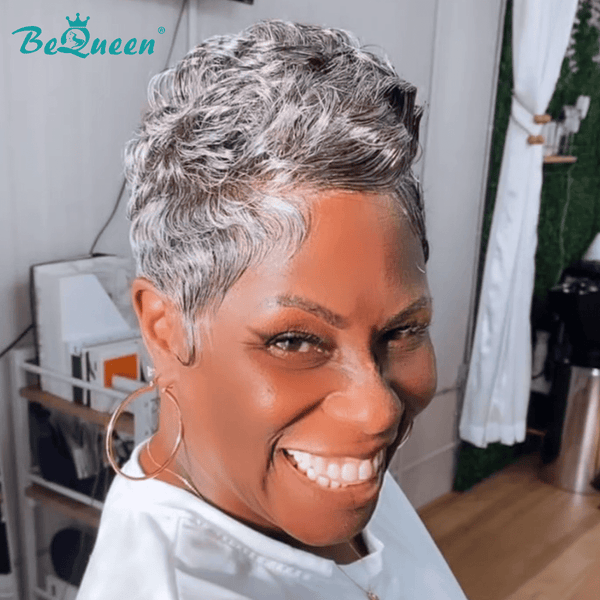 BeQueen Wig PIXIE WIGS BequeenSilver Chic Twist 13x4 Frontal Lace Slat And Pepper Pixie Wig