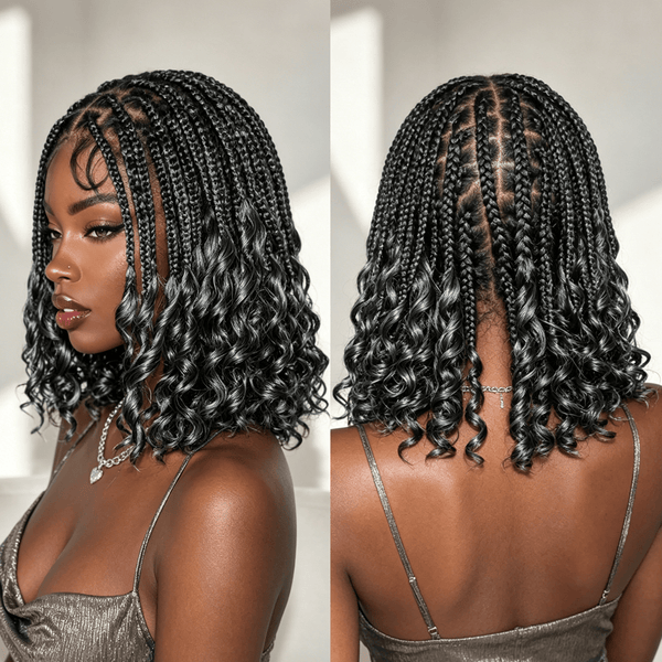 BeQueenWig Sexy Braid Lace Wig Bequeen 100% Human Hair Mixed Black with Grey Braided Bob Wig