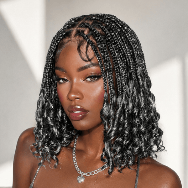 BeQueenWig Sexy Braid Lace Wig Bequeen 100% Human Hair Mixed Black with Grey Braided Bob Wig