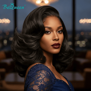 BeQueenWig BeQueen 1B 16inch Wavy Frontal Lace Bob Wig