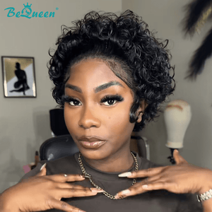 BeQueenWig PIXIE WIGS Bequeen 1B Curly Frontal Lace Wig