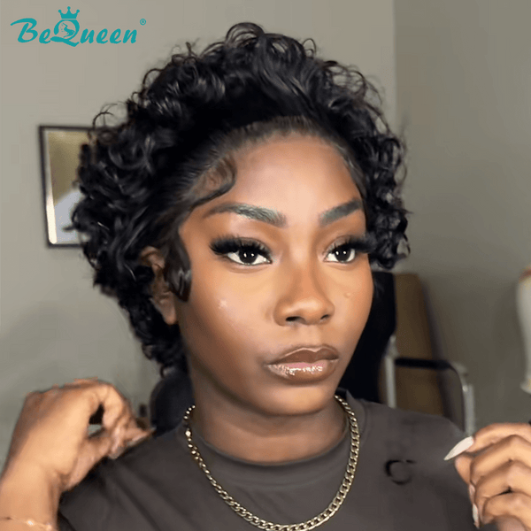 BeQueenWig PIXIE WIGS Bequeen 1B Curly Frontal Lace Wig