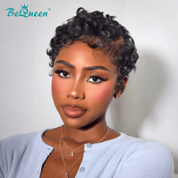 BeQueenWig PIXIE WIGS Bequeen 1B Cute Wool Roll Short Cut Pixie Wig