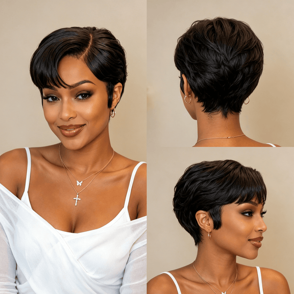 BeQueenWig PIXIE WIGS Bequeen 1B Side Part 13×4 Frontal lace Straight Style Pixie Short Cut Wig