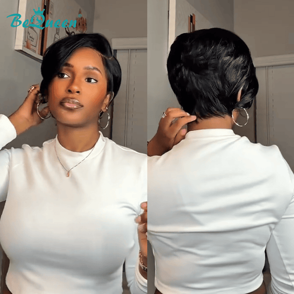 BeQueenWig PIXIE WIGS Bequeen 1B Side Part Special Made Pixie Lace Wig