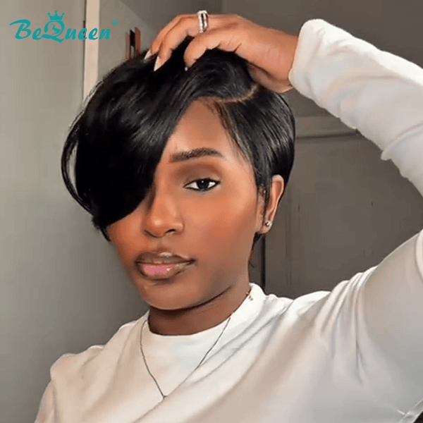 BeQueenWig PIXIE WIGS Bequeen 1B Side Part Special Made Pixie Lace Wig