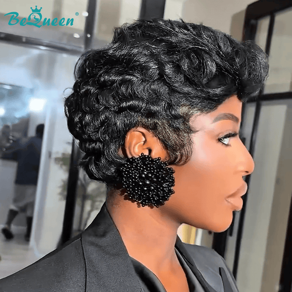 BeQueenWig PIXIE WIGS Bequeen 1B Side Part Wave Full Lace Wig