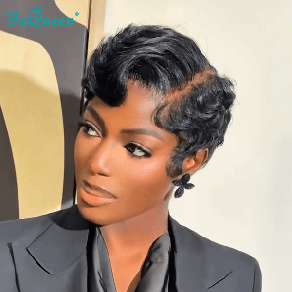 BeQueenWig PIXIE WIGS Bequeen 1B Side Part Wave Full Lace Wig