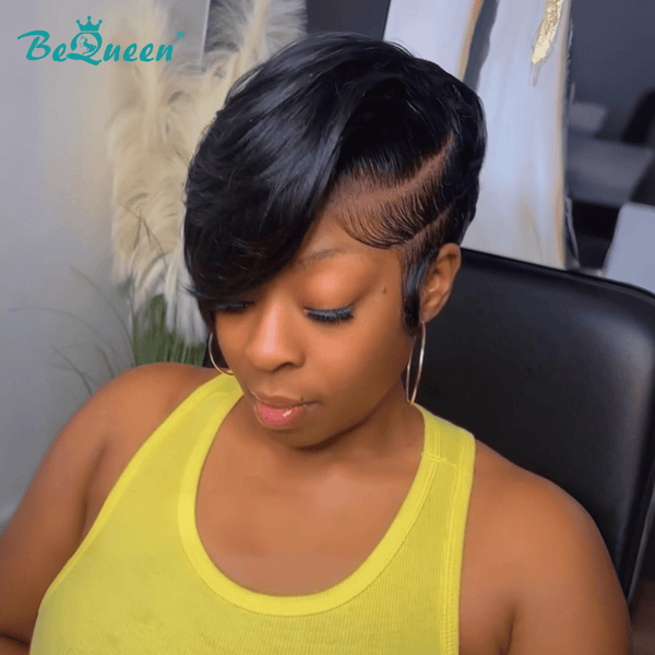 BeQueenWig PIXIE WIGS Bequeen 1B Side Part Wave Full Lace Wig