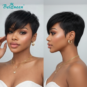 BeQueenWig PIXIE WIGS Bequeen 1B Straight Side Part Short Cut Wig