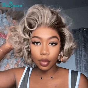 BeQueenWig Bequeen Ash Silver Waves Short Bob Wig