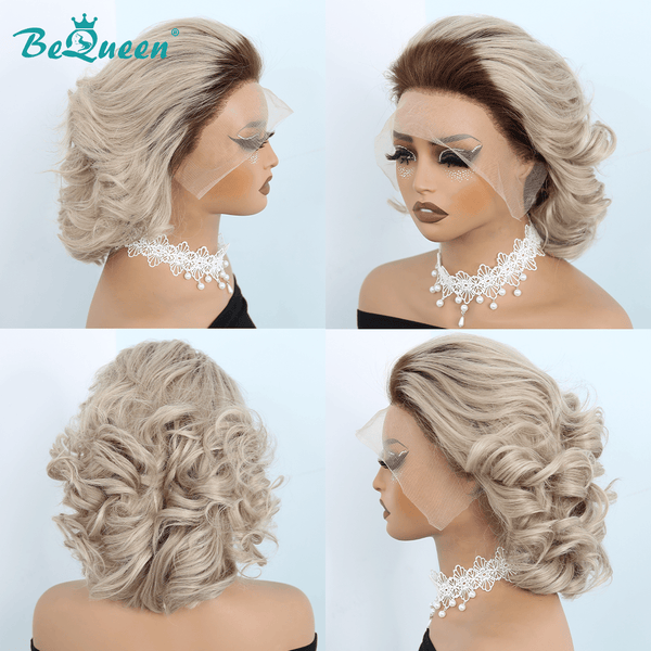 BeQueenWig Bequeen Ash Silver Waves Short Bob Wig