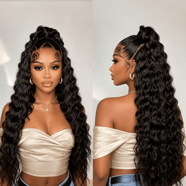 BeQueenWig Sexy Braid Lace Wig Bequeen Black Color Braid Ponytail Water Wave Style Long Wig 100% Human Hair