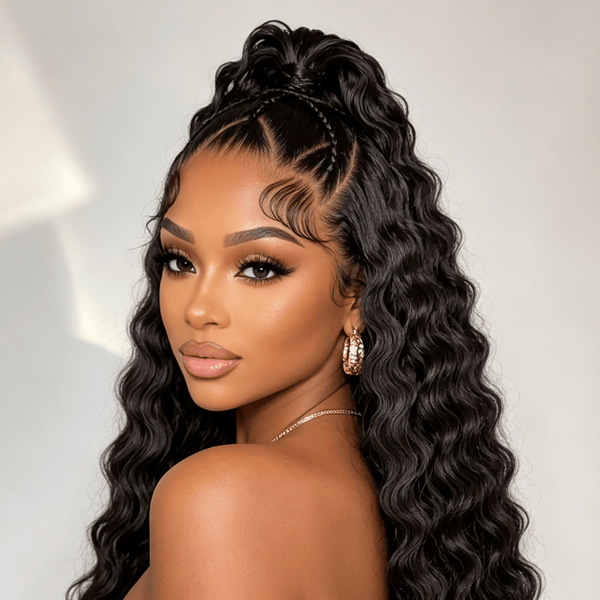 BeQueenWig Sexy Braid Lace Wig Bequeen Black Color Braid Ponytail Water Wave Style Long Wig 100% Human Hair