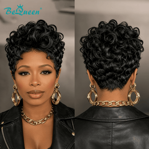 BeQueenWig PIXIE WIGS Bequeen Black Spiky Finger Wave Women Style Full Lace Wig