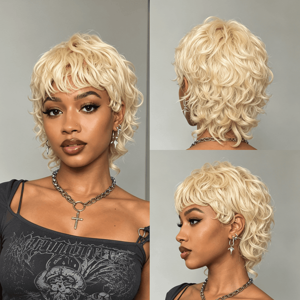 BeQueenWig PIXIE WIGS Bequeen Blonde Sheep-roll Short Cut Pixie Bob Style No Lace Full Cap Wig