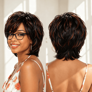 BeQueenWig PIXIE WIGS Bequeen Dark Auburn Highlights Short Cut Pixie Bob Style Wig