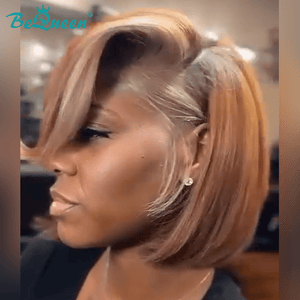 BeQueenWig Bequeen Feshion Side Part  Brown Mix Orange 100% Human Hair Lace Bob Wig