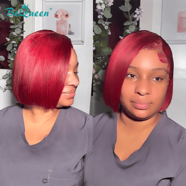 BeQueenWig BEQUEEN Hot Red Frontal Lace Side Part Bob Wig