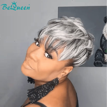 BeQueenWig TOPPER & MOHAWK Middle Part Bequeen Pixie Style Salt And Pepper Topper