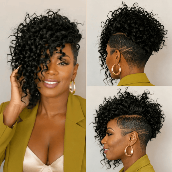 BeQueenWig TOPPER & MOHAWK Bequeen Punky Style Curly Side Part Long Natural Black Topper Unit