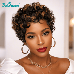 BeQueenWig PIXIE WIGS Bequeen Sexy Curly Wave Brown Highlight Machine Made Wig