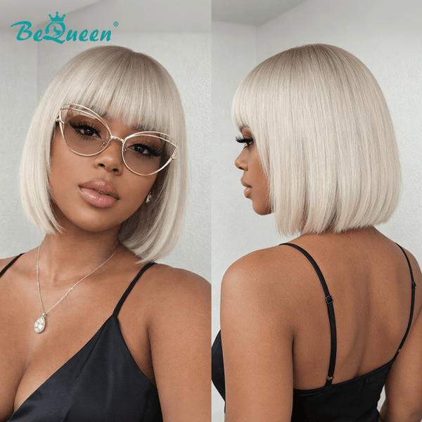 BeQueenWig PIXIE WIGS Bequeen Silver White Short Cut Straight Bang Bob Wig