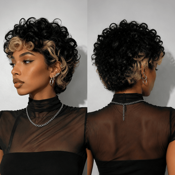 BeQueenWig PIXIE WIGS BeQueen Two-tone  Large Jheri Curl Highlight Style Full Cap Wig 100% Human Hair