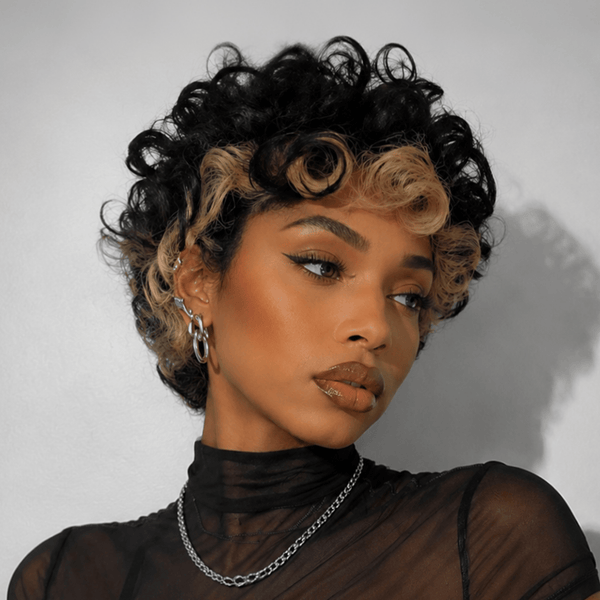BeQueenWig PIXIE WIGS BeQueen Two-tone  Large Jheri Curl Highlight Style Full Cap Wig 100% Human Hair