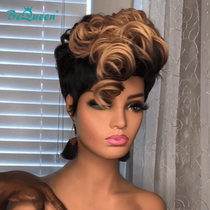 BeQueenWig PIXIE WIGS As pic Bequeen Vintage Highlight Brown Wavy Lace Wig