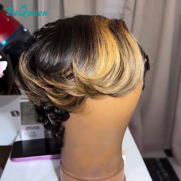 Bequeen Highlight Blonde Curly Pixie Cut Frontal Lace Wig